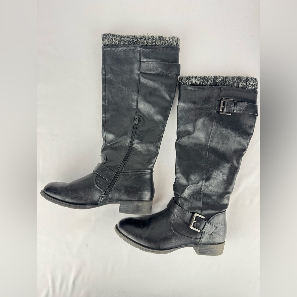 Just Fab Knee High Faux Leather Adjustable Buckle Riding Boots - Picture 3 of 4